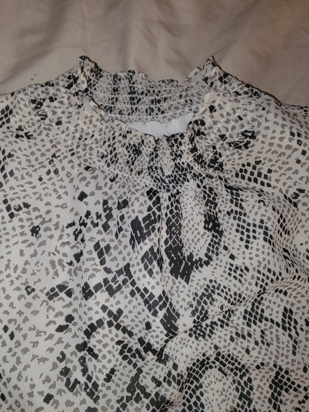 J. Crew Black & Cream Snake-Print Smocked Neck Blouse